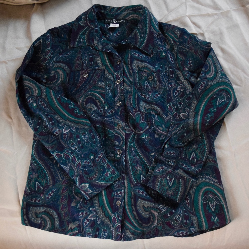 Vintage Fred David Suede Blue/Purple Paisley Patterned Button Down Size PS